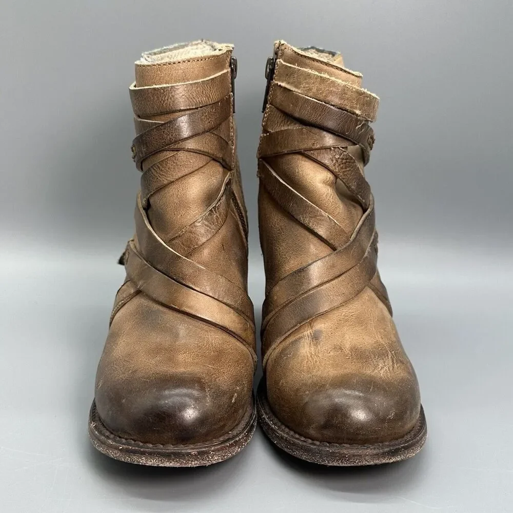Freebird Gem Womens 6 Brown Tan Zip Leather Ankle Boots Booties Strap Block Heel